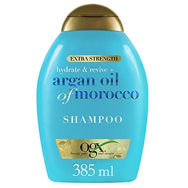 OGX Extra Strength Hydrate and Revive Argan Oil of Morocco Shampoo (385 ml), champú con aceite de argán de Marruecos, champú sin sulfatos ni parabenos para cabello seco y dañado