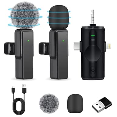 Micrófono-Lavalier-Inalámbrico, Microfono de Solapa 4 en 1 Mini Micrófono Inalámbrico Teléfono Móvil para iPhone/Android/PC, Microfono Plug-Play Inalambrico para Grabaciones TikTok Transmisión en Vivo