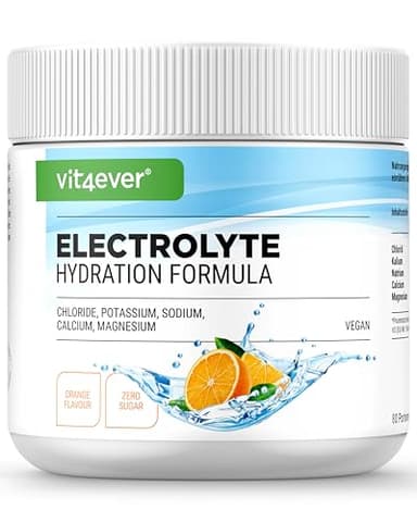 vit4ever Electrolitos - 400 g (80 raciones) - Fórmula hidratante con cloruro, potasio, sodio, calcio, magnesio - Perfecto para deportistas con pérdida de líquidos - Sin azúcar - Vegano - Sabor Naranja