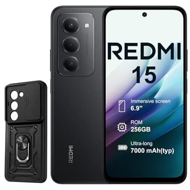 XIAOMI Redmi 15 4G 8+256GB Smartphone – Batería 7000mAh | Pantalla 6.9" FHD+ 120Hz | Snapdragon 685 | Cámara Dual 50MP | Carga Rápida 33W | Diseño Quad-Curve | con Funda (Negro)