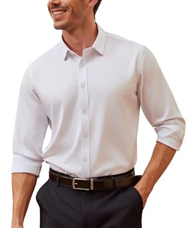 Mauro Kane Camisa Hombre Manga Larga Sin Plancha Elástica, Regular Fit de Vestir con Tejido Brillante Suave, Antiarrugas para Boda Ceremonia Blanca M