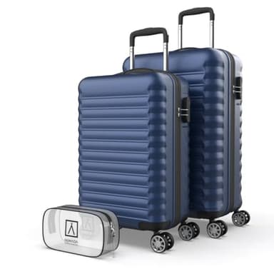 NUMADA-Juego de Maletas Rígidas 3pzs. Maleta Cabina 53cm, Maleta Mediana 63cm y Neceser. Set de Maletas de Viaje ABS Eco Friendly, 4 Ruedas Dobles, Resistentes, Ligeras y Seguras (Azul Marino)