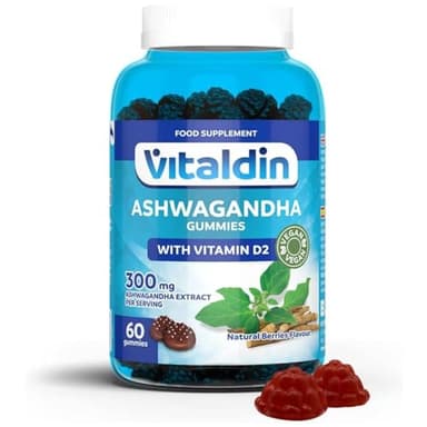 VITALDIN Gominolas de extracto de Raíz de Ashwagandha – 60 Gummies, 300 mg KSM-66 & 1.000 IU Vitamina D2 – sabor Frutos Rojos – Adaptógeno Antiestrés, Calma y relajación – Vegano