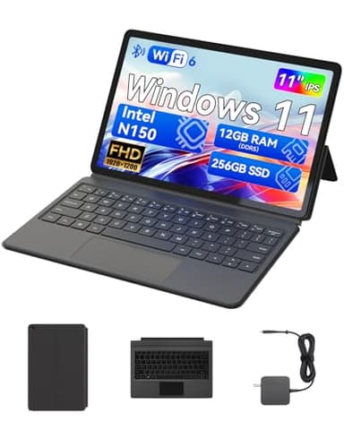 BNCF 11" Intel N150 2-in-1 Laptops, Windows 11 Touchscreen PC, 12GB RAM 256GB SSD, 1920x1200 IPS FHD Tablet USB-C/HDMI/SD WiFi 6, 34.2Wh Batería con Teclado magnético y Funda de Cuero