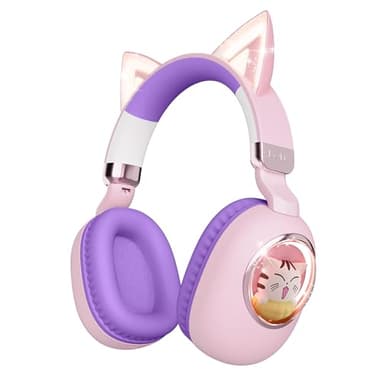 sunvito Auriculares para Niños, Auriculares Bluetooth Diadema Plegables Inalámbricos Infantiles con Micrófono, Luz LED, Sonido Estéreo y Diseño de Orejas de Gato para Niñas (Rosa Morado)