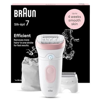 Braun Silk-épil 7, Depiladora Eléctrica Mujer Para Una Eliminación Del Vello Fácil, Depilación En Seco Y En Mojado, Con Cabezal De Rasuradora, Piel Suave Duradera, 7-030, Blanco/Flamenco