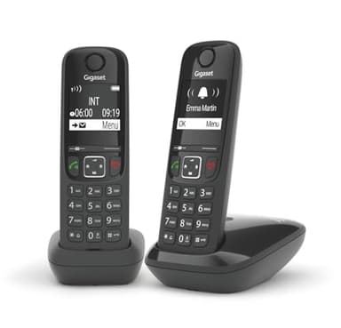 Gigaset AS690 Duo - Teléfono DECT inalámbrico - Pack de 2 Unidades - Manos Libres - Pantalla de Gran Contraste - Agenda de 100 Contactos, Color Negro [Versión Española]