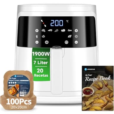Aigostar White Cube Con Papel Freidora Aire 100 Unidades, Freidora de aire 7L Air Fryer 1900W, Freidora sin Aceite 7 Automáticos Modos, Panel Táctil, Cesta Antiadherente Extraíble, 20 Recetas