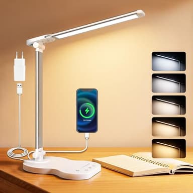 Caldarax Lámpara Escritorio LED Regulable, Flexo de Escritorio 5 Modos y 10 Niveles de Brillo, Puerto USB/Control Táctil/Temporizador 45min/Cuidado Ocular, para Lectura, Estudio, Trabajar(Blanco)