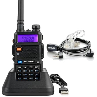 Retevis RT5R Walkie Talkie con Auriculare, Radio de Doble Banda de Largo Alcance Ham con Cargador USB, Radio FM VOX de 128 Canales Transceptor Portátil de Mano para Almacén, Caza (Paquete de 1)