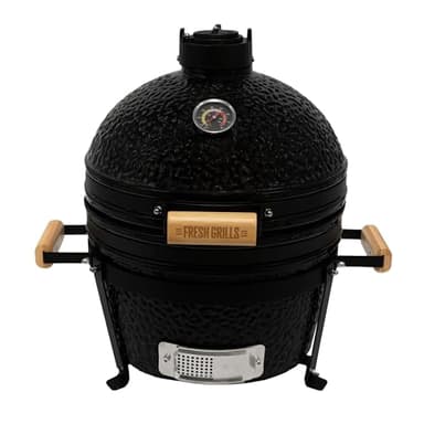 Horno Barbacoa Kamado de 16”/ 40cm FRESH GRILLS | Cerámica Negro/Acero Inoxidable | Termómetro incorporado | Sistema de flujo de aire | Portátil | BBQ Carbón Leña Ahumador Asador Aire Libre Camping