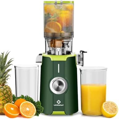 Limpieza Rápida Licuadora Prensado en Frio, Sin Preparación 115mm Slow Juicer, LINKChef Extractor de Jugos Verduras y Frutas Enteras de Prensado en Frio, Fácil de Limpiar, 1.2L, 200w, Verde