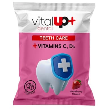 Vital Up+ | Caramelo Duro sin Azúcar Dental Teeth Care | Bolsa 34 Comprimidos en Forma de Corazón | Ideal para Cuidado de Dientes | Vitaminas C+D+Calcio+Xilitol, Sabor Fresa Sin Gluten ni Alérgenos