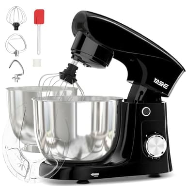 YASHE Batidora Amasadora 1500W, 4,5 + 5L Doble Bol de Acero Inoxidable, 10+P Velocidades, Movimiento Planetario, Cabezal Inclinable, Gancho para Masa, Batidor y Varillas