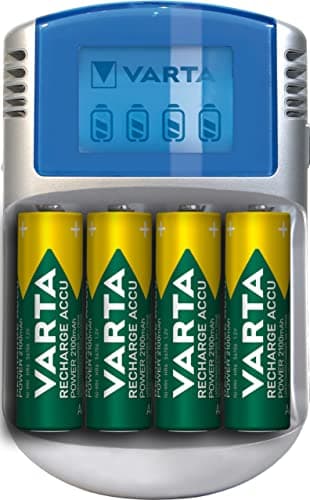 VARTA Cargador de Pilas, incl. 4X AA 2600mAh, cargador para pilas AA/AAA recargables, LCD Charger, con cable USB & adaptador de 12V
