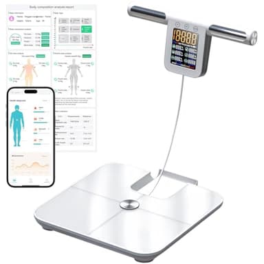 Bascula Bioimpedancia 8 Electrodos, Digital Bascula Grasa Corporal y Muscular Recargable con Pantalla Grande, 32 Datos Corporal Medición BIA de Doble Frecuencia Con APP Con pantalla LCD (White)