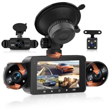 Dashcam para Coche 4 Canales 360°, 4 1080P Delantera y Trasera Izquierda Derecha, Dash CAM de 3 Pulgadas 1080P Visión Nocturna 8 IR/Vídeo en Bucle/24H Monitor/G-Sensor/Asistente de Marcha Atrás