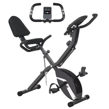 SPORTNOW Bicicleta Estática Plegable con Respaldo Bici Estática Silenciosa con 8 Niveles de Resistencia Sillín Regulable Volante Pantalla LCD Banda de Resistencia Carga 110 kg Negro