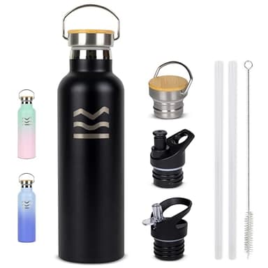 Botella Agua Acero Inoxidable Negra - HUIIKE | Botella Termica 750ml con 3 tapones, Termo Agua Fria 24 horas y Caliente 12 horas, Cantimplora Termica sin BPA Water Bottle Pajita, Reutilizable Gimnasio