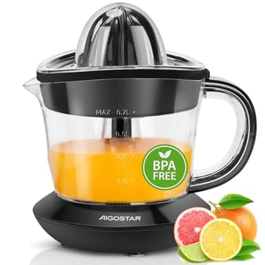 Aigostar Exprimidor de Naranjas Electrico, 40W, 700 ml, Doble Sentido de Giro, 2 Conos Desmontables y Cubierta Antipolvo, Apto para Lavavajillas, Exprimidor Electrico Negro, Thomas
