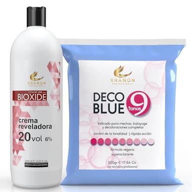 Pack Oxigenada en Crema 1000ml 20 Vol + Polvos Decolorantes de Cabello Azul 9 tonos 500gr | Fórmula Vegana | Superaclarante | Xhanon Professional