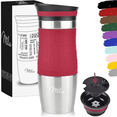 Milu Taza aislante de café y té para llevar 370ml 450ml - 100% a prueba de fugas - Taza de acero inoxidable para beber - vaso de aislamiento al vacío - Caliente y frío (Rojo, 370ml)