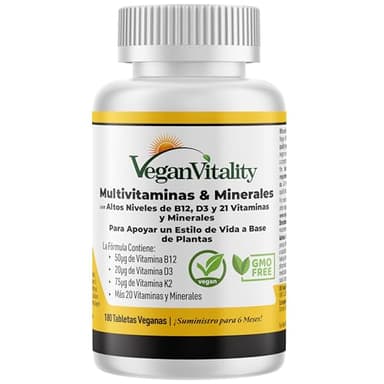 Multivitaminas y minerales veganos con vitamina B12, D3 y K2 de alta resistencia. 180 tabletas multivitamínicas - 6 meses de suministro. Diseñado para veganos y vegetarianos