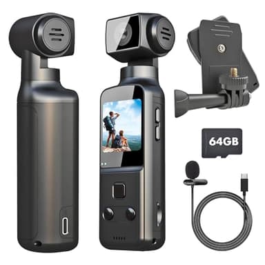 IXROAD 4K Body CAM, Camara Corporal/Vlog/POV con Lente Giratoria de 270°, Mini Cámara Deportiva con Micrófono Externo, Clip, Tarjeta TF de 64 GB