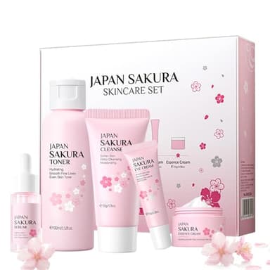 Set de Cuidado Facial Sakura 5 Piezas, Set de Cuidado Diario de la Piel con Limpiador, Tónico, Limpieza y Cuidado Facial, Hidratación y Antienvejecimiento, para Adolescentes y Mujeres