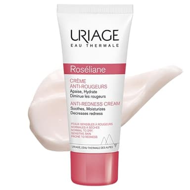 Uriage Roséliane - Crema facial antienrojecimiento de 40 ml, calma, hidrata, reduce el enrojecimiento de la piel sensible propensa a la rosácea, con manteca de karité y ginseng, crema rica, comodidad