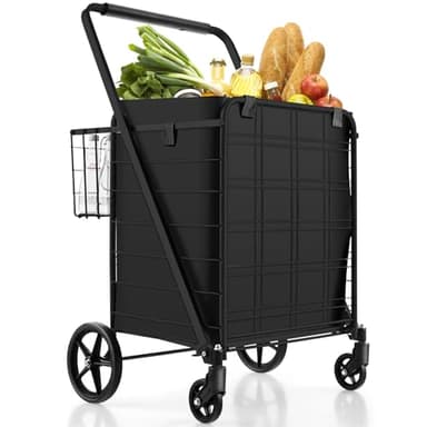 GYMAX Carro de la Compra Plegable de 126l, Carro de Supermercado con 4 Ruedas, 2 Cestas, Bolsa Oxford Impermeable Extraíble, Carga Máxima 150kg, Ideal para IR de Compras (Negro)