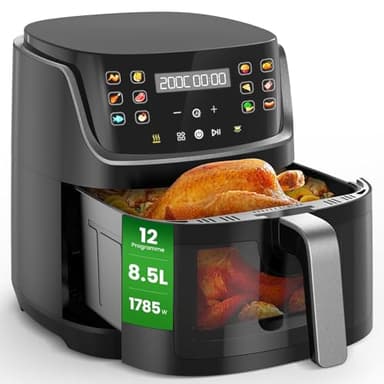Freidora de Aire XXL 8,5L con Pantalla Táctil LED, 12 Funciones, freidora sin aceite con Ventana, Apta para Lavavajillas, 1785W Freidora Aire - ESSENTIAL PRO