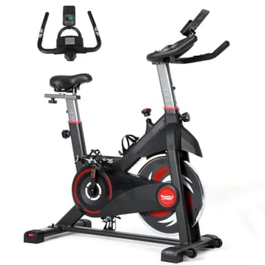 NOVONOVA Bicicleta Estática con Sensor de Pulso, Ajustable Resistencia, Pantalla, Bici Estatica con Volante de Inercia de 11kg, Bicicleta Estatica en Casa con Sillín y Reposabrazos Ajustable