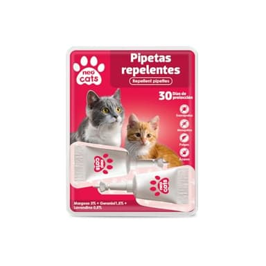 NEO CATS - Pipetas Repelente Anti-insectos para Gatos - Contra Pulgas, Garrapatas y Mosquitos - 30 días de Protección - Con Margosa, Geraniol y Lavandino - Olor Herbal - 2 unidades