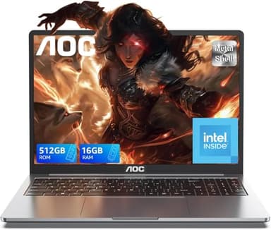 AOC Ordenador Portatil con In-el N97 (hasta 3,6 GHz), Portátil Computadora 16GB DDR4 512GB SSD Expansión 2TB （Mejor Que Celeron） Laptop,WiFi,BT5,Tipo C,USB3.2, HDMI, 15,6" Notebook 1080P Versión 2025