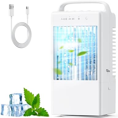Aire Acondicionado Portatil 4 en 1, Enfriador de Aire con Tanque de 900ml, 3 Velocidades, Función de nebulización, temporizador de 2 a 4 horas, Mini Aire Acondicionado para Dormitorio y Oficina