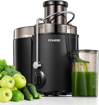 Licuadoras para Verduras y Frutas FOHERE Extractor de Zumos y Verduras con Boca de 65 mm, Fácil de Limpiar, 3 Velocidades de Ajuste, Cepillo de Limpieza y Receta Incluidos, Acero Inoxidable Sin BPA