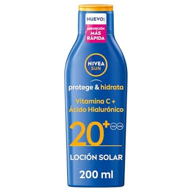 NIVEA SUN Protege & Hidrata Leche Solar FP20 (1 x 200 ml), protector solar hidratante y resistente al agua, crema solar con protección UVA/UVB, protección solar media