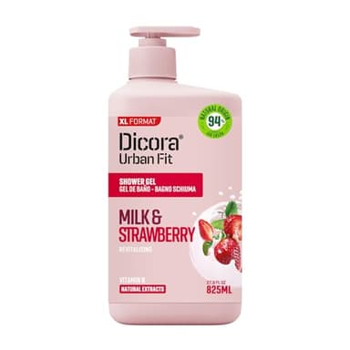 Dicora Urban Fit | Gel de Ducha Nutritivo con extracto de leche y fresa | Gel de Baño con Vitamina B | Revitalizante e hidratante | Tamaño 825 ml