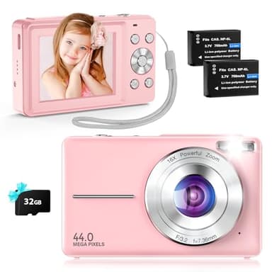 Cámara Digital Cámara De Fotos Compacta De 44MP con Video HD 1080P, Tarjeta De 32GB, Baterías Duales, Anti-Vibración para Niños, Adolescentes y Principiantes Rosa