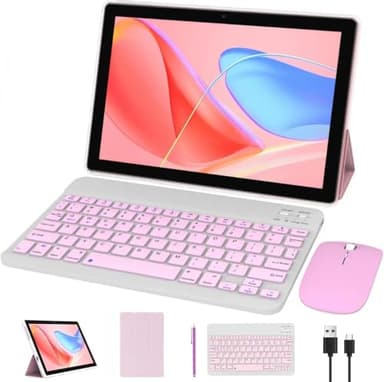 NOVOJOY Tablet 10.1' Android 11 OS,tabletas 2 en 1 con teclado,mouse,estuche,lápiz,64 GB ROM+4 GB RAM,8 MP cámara dual,procesador de cuatro núcleos,batería de 6000 mAh,1280 x 800 FHD,rosa/niña)