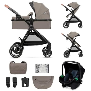Kinderkraft ESME Carrito bebé 3 en 1 Set, con Portabebés Mink PRO I-Size, Sistema de Viaje, Cochecito para Bebé, Cochecito, Plegable, para Recién Nacido hasta 4 Años, Beige