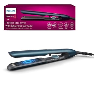 Philips Plancha de pelo serie 7000 con tecnología ThermoShield, Iones, Placas de 105mm de Largo Flotantes con Aceite de Argan, 50% más rapida, BHS732/00, Azul
