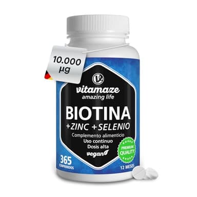 Biotina 10.000 mcg Zinc y Selenio (1 Año) - Biotina para Cabello Piel y Uñas - Crecimiento del Cabello y Anticaída - Vitaminas para Pelo y Uñas Fuertes - Sin aditivos, Vitamaze