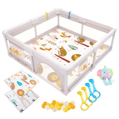 Akeraq Parque Infantil Bebe 120x120cm + Esterilla Acolchada Reversible + 50 Bolas + 4 Agarraderas + Juguete Sonajero + Bolsa transporte, corralito bebe acolchado, Parque de Juegos Bebe