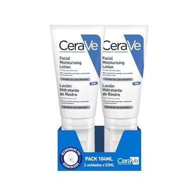 CeraVe, Loción Hidratante de Rostro PM 2x 52 ml, Para Piel Normal a Seca, Hidrata y Restaura la Barrera Protectora de la Piel, Enriquecida con Ceramidas Esenciales, Niacinamida y Ácido Hialurónico,