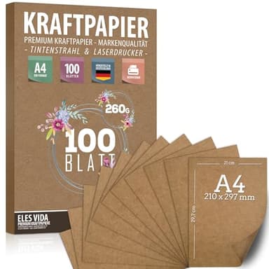 papel Kraft A4 Set - 260 g - 21 x 29,7 cm - Formato DIN Hojas para imprimir, Papel de cartulina Elaboración de etiquetas (100 hoja)