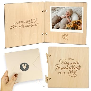 Quieres ser mi madrina de bautizo? Quieres ser mi padrino? - Regalo padrinos bautizo - Padrinos bautizo propuesta en librito de madera con espacio para foto de tu bebé | Mikito