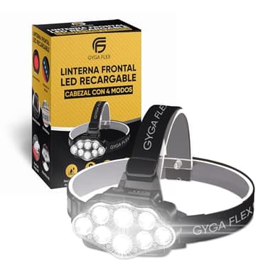 GygaFlex © Linterna Frontal LED Recargable |Alta Potencia Con 4 Modos | Frontal Trail Running | Alcance 100 Metros Impermeable IPX20 | Para Casco Bicicleta Cabeza Trabajo Pesca Camping y Caza