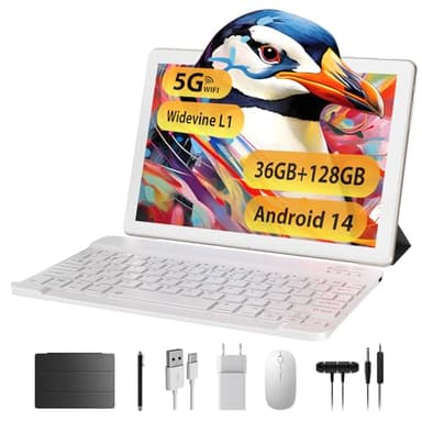 TIGERFU Tablet 10 Pulgadas Android 14, Tablet PC 5G WiFi, 36GB RAM+128GB ROM(TF 1TB), Octa-Core 2.0 GHz, BT5.0, Batería 8000mAh, 8MP+5MP, Widevine L1, Tableta 2 en 1 con Teclado, Lápiz, Funda - Dorado